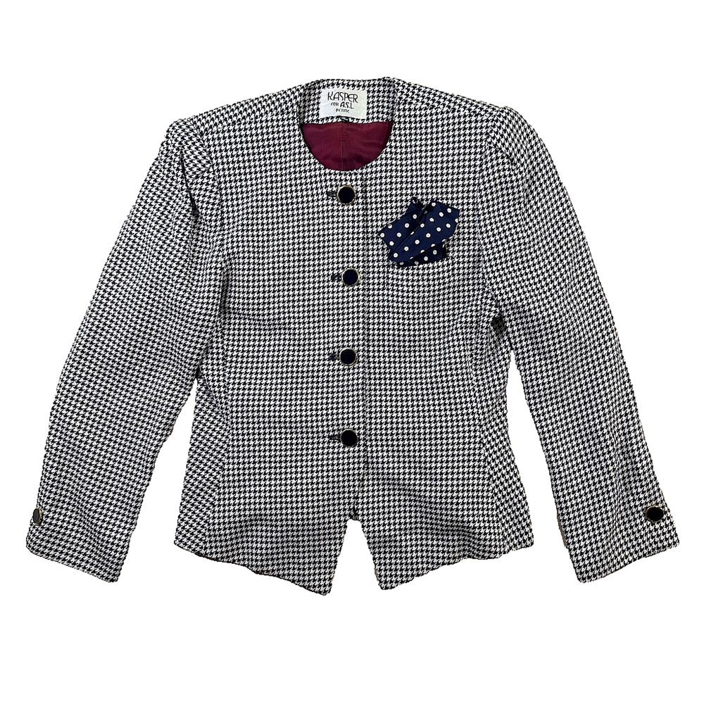 Kasper for ASL Petite Vintage Houndstooth Collarless Blazer Jacket Size 10